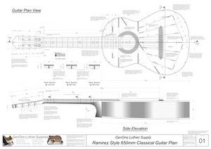 Classical Guitar Plans Ramirez Bracing 650mm Top View, Neck Sections & Purfling Details