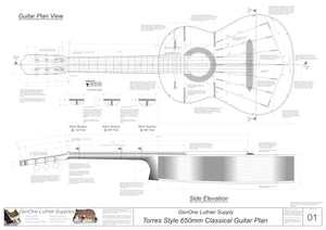 Classical Guitar Plans - Torres Bracing 650mm Top View, Neck Sections & Purfling Details