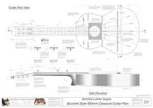 Classical Guitar Plans - Bouchet Bracing 650mm Top View, Neck Sections & Purfling Details