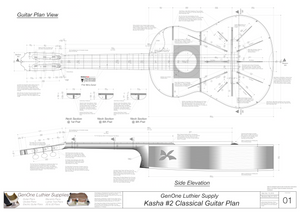 Classical Guitar Plans - Kasha 2 Bracing Top View, Neck Sections & Purfling Details