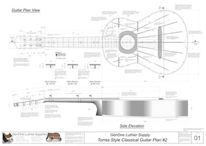 Classical Guitar Plans - Torres 2 Bracing  Top View, Neck Sections & Purfling Details