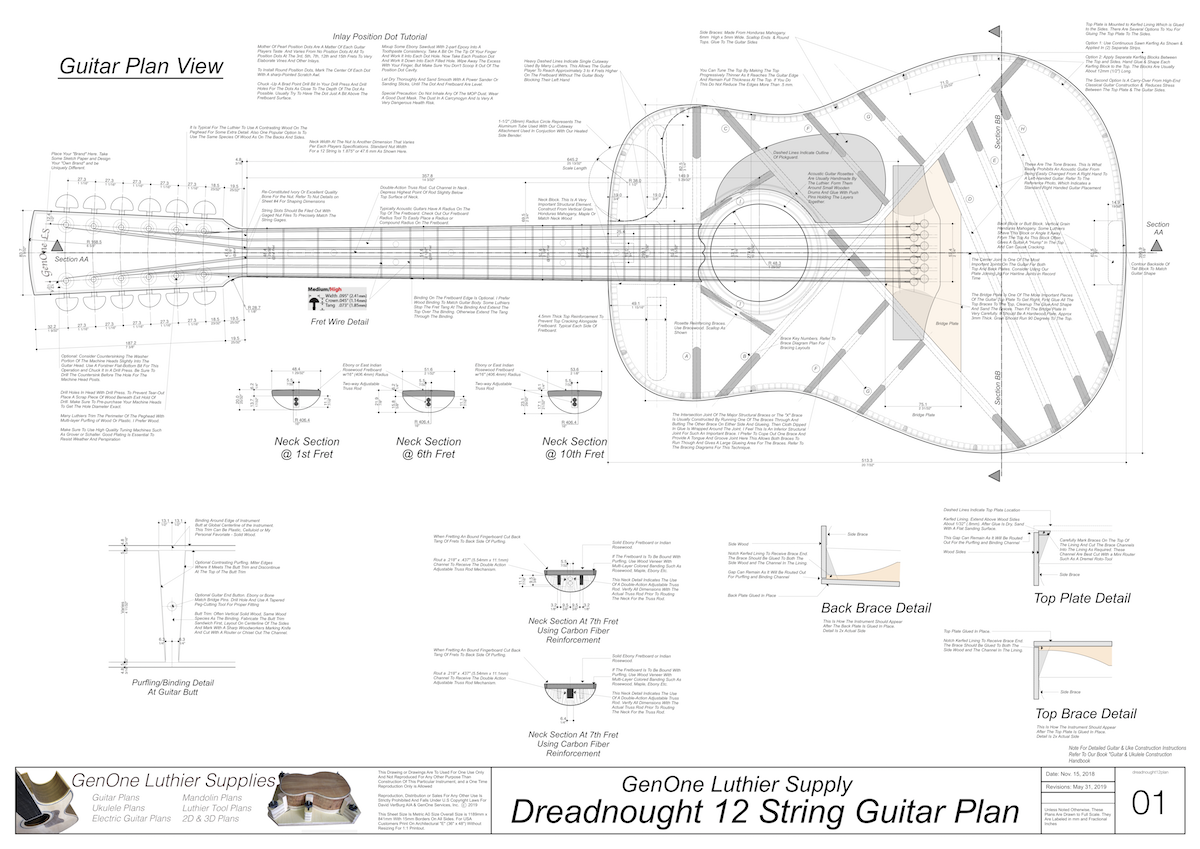 Dreadnought 12-String Guitar Plans Guitar Plans Top View, Neck Sections & Purfling Details