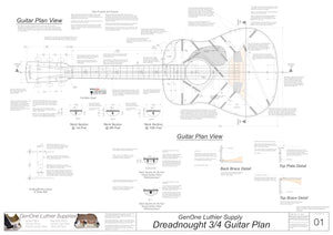 Dreadnought 3/4 Guitar Plans Top View, Neck Sections & Purfling Details