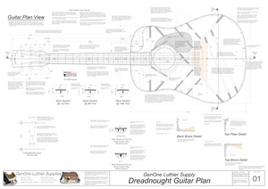 Dreadnought Guitar Plans Top View, Neck Sections & Purfling Details