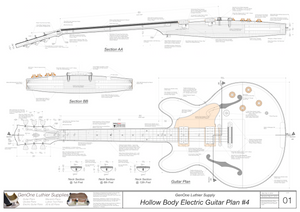 Hollow Body Electric Guitar Plan #4 Guitar top view, lateral & longitudinal sections, neck sections