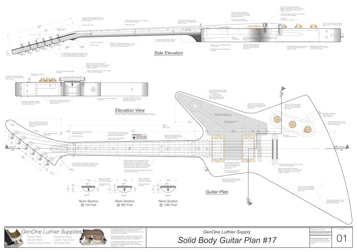 Solid Body Electric Guitar Plan #17 Guitar Top & Side View, Section