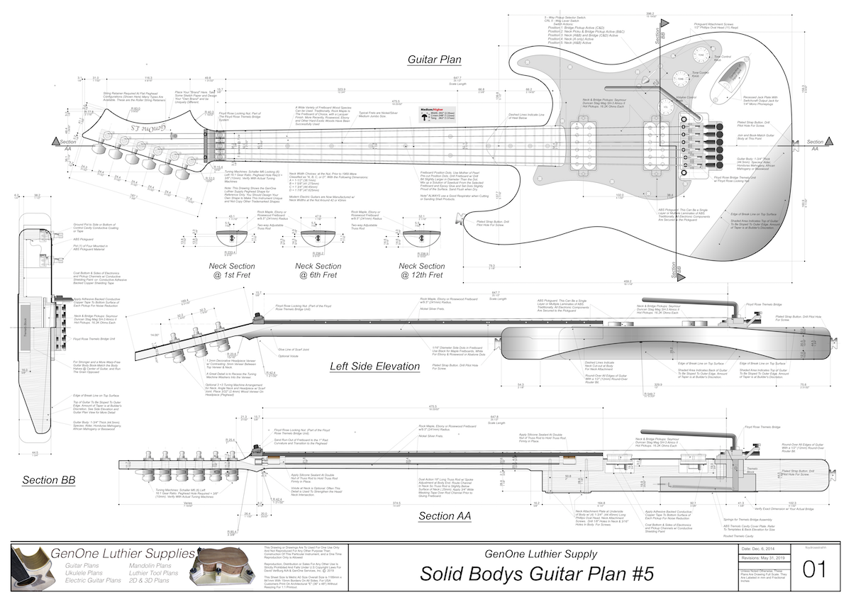 Solid Body Electric Guitar Plan #5 Guitar Top & Side View, Section