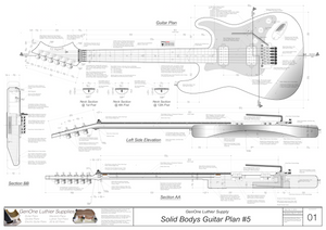 Solid Body Electric Guitar Plan #5 Guitar Top & Side View, Section