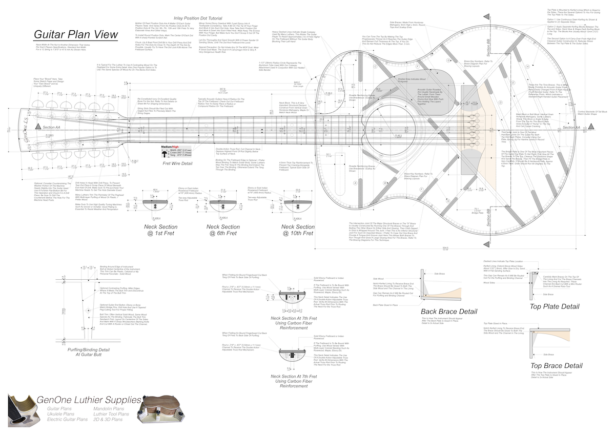 Grand Auditorium 12-String Guitar Plans Guitar Plans Top View, Neck Sections & Purfling Details
