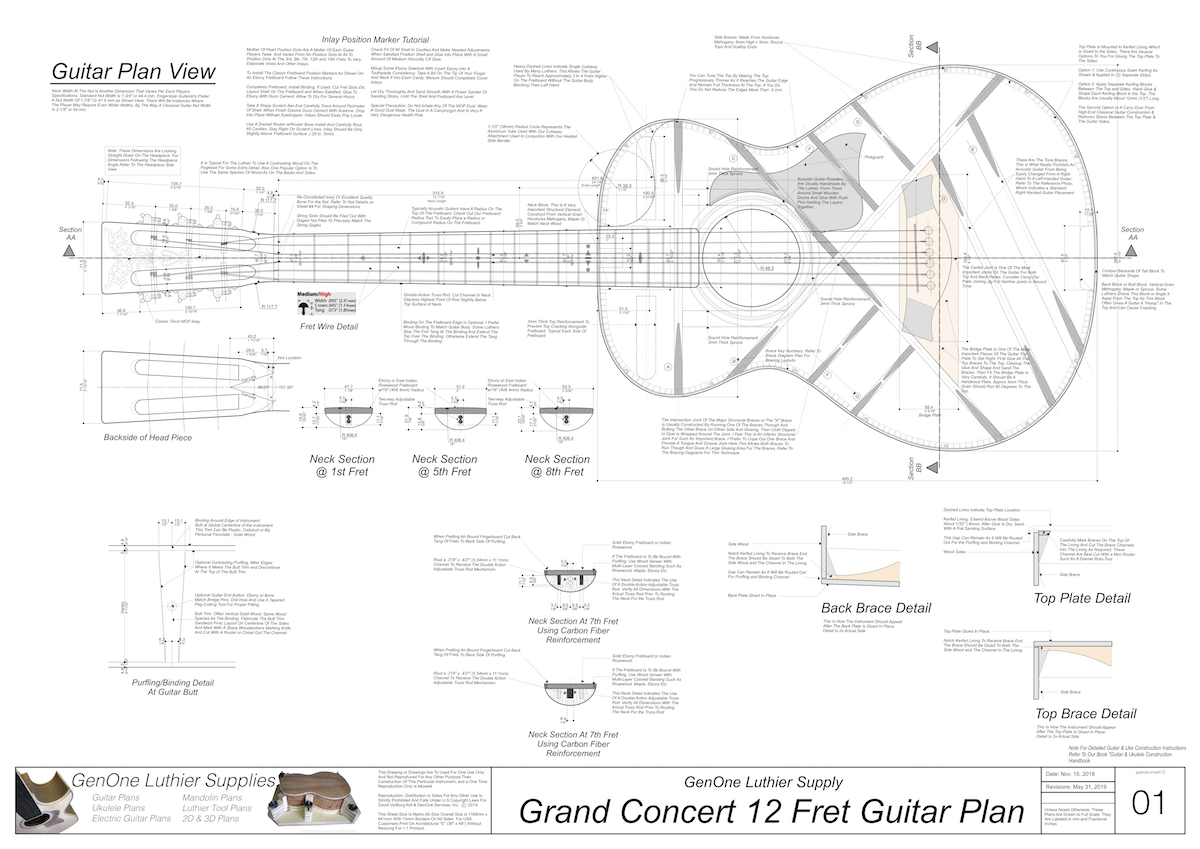 Grand Concert 12-Fret Guitar Plans Top View, Neck Sections & Purfling Details