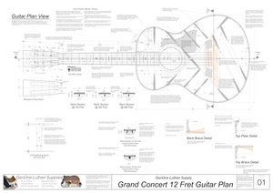 Grand Concert 12-Fret Guitar Plans Top View, Neck Sections & Purfling Details