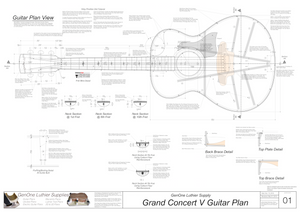 Grand Concert V Guitar Plans Top View, Neck Sections & Purfling Details