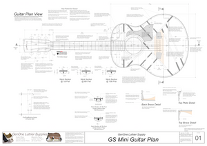 GS Mini Guitar Plans Top View, Neck Sections & Purfling Details