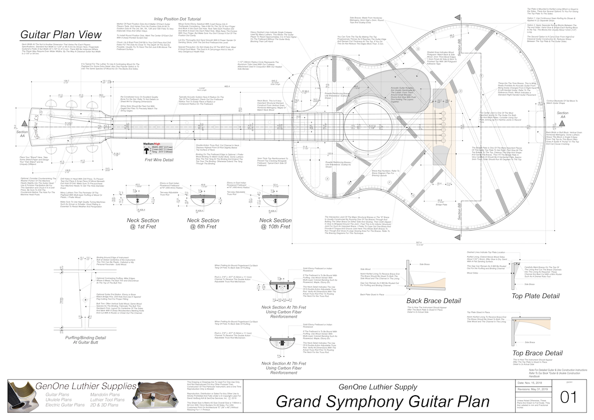 Grand Symphony Guitar Plan Top View, Neck Sections & Purfling Details
