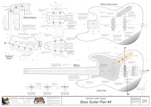 Solid Body Electric Bass Guitar Plan #4 guitar top view, cutting template, neck sections, wiring diagram, fret spacing table