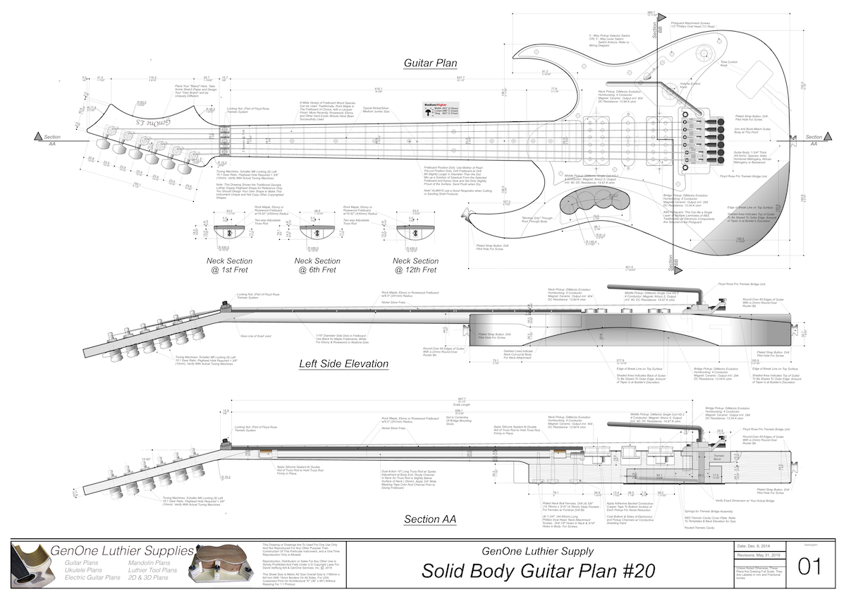 Solid Body Electric Guitar Plan #20 guitar top view, side view, longitudinal section