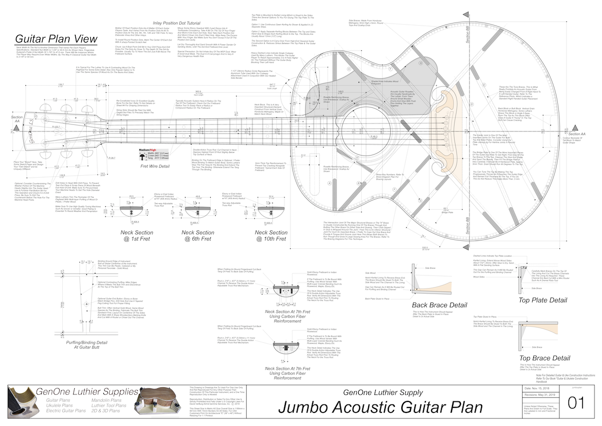 J-200 Guitar Plans Top View, Neck Sections & Purfling Details