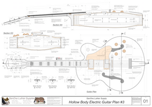 Hollow Body Electric Guitar Plan #3 Guitar top view, lateral & horizontal sections, neck sections