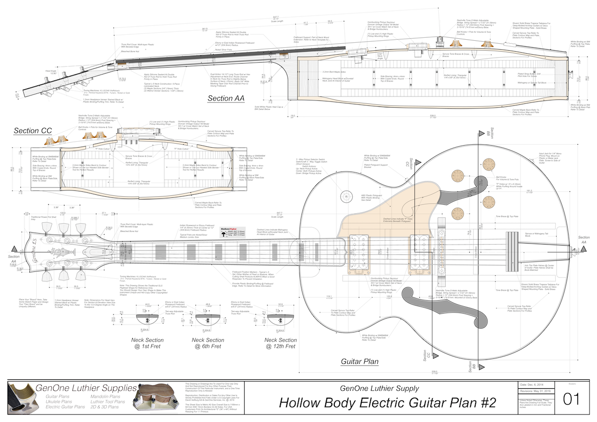 Hollow Body Electric Guitar Plan #2 Guitar top view, lateral & horizontal sections, neck sections