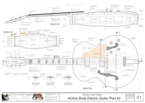 Hollow Body Electric Guitar Plan #2 Guitar top view, lateral & horizontal sections, neck sections