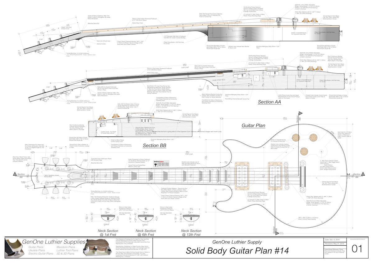 Solid Body Electric Guitar Plan #14 Guitar Top & Side View, Section