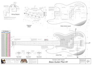 Solid Body Electric Bass Guitar Plan #1 guitar top view, cutting template, neck sections, wiring diagram, fret spacing table