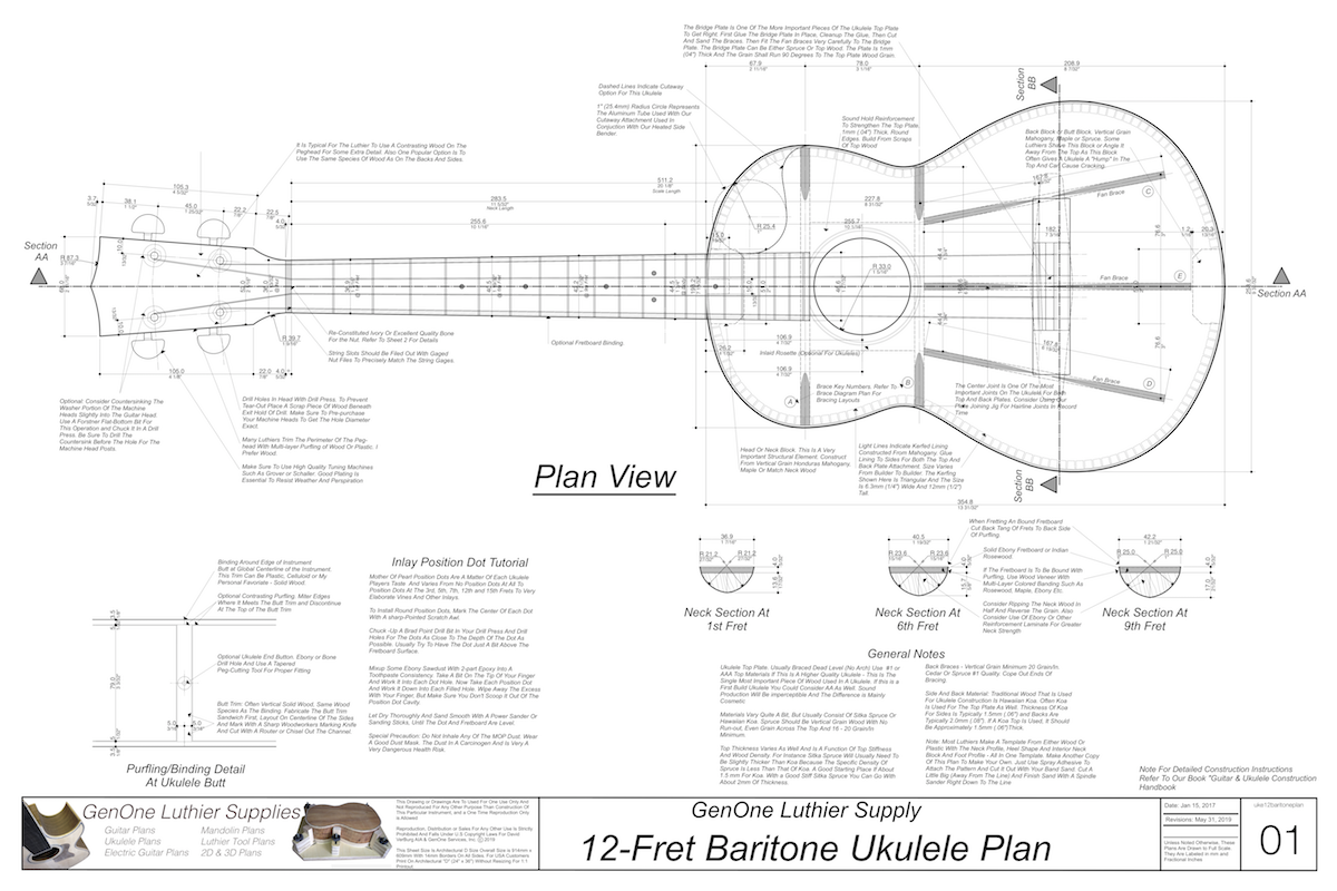 Baritone 12 Ukulele Plans Ukulele Top View, Neck Sections, Notes