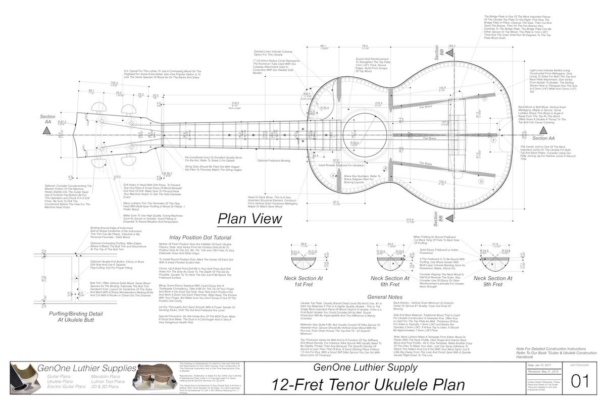 Tenor 12 Ukulele Plans Top View, Neck Sections & Purfling Details