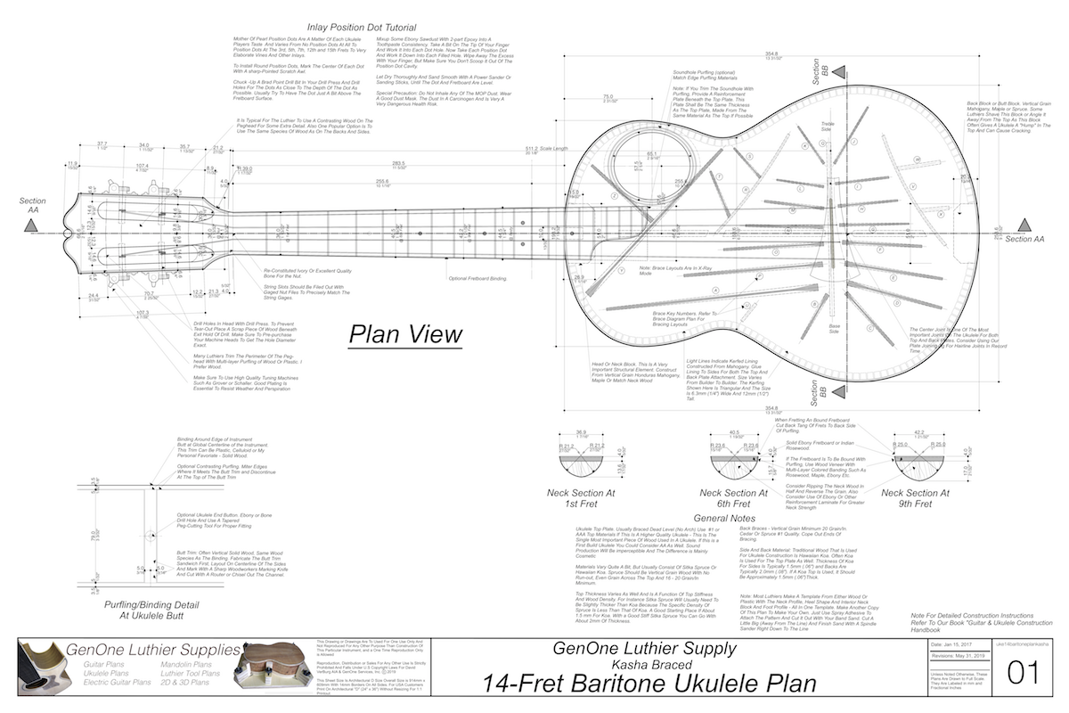 Baritone 14 Kasha Braced Ukulele Plans Ukulele Top View, Neck Sections, Notes