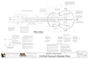 Concert 14 Ukulele Plans Top View, Neck Sections & Purfling Details