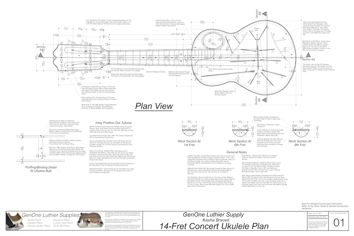 Concert 14 Kasha Braced Ukulele Plans Ukulele Top View, Neck Sections, Notes