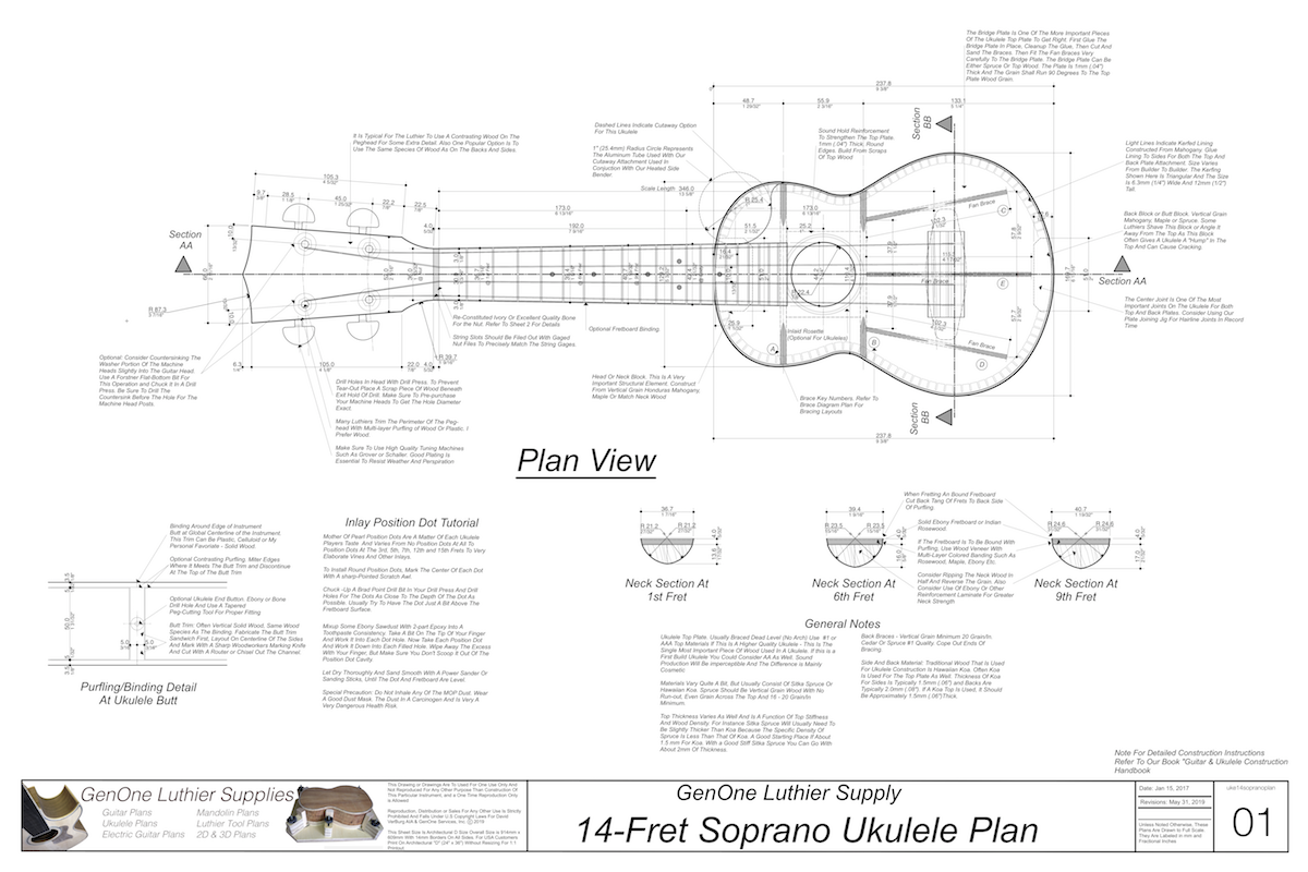 Soprano 14 Ukulele Plans Ukulele Top View, Neck Sections, Notes