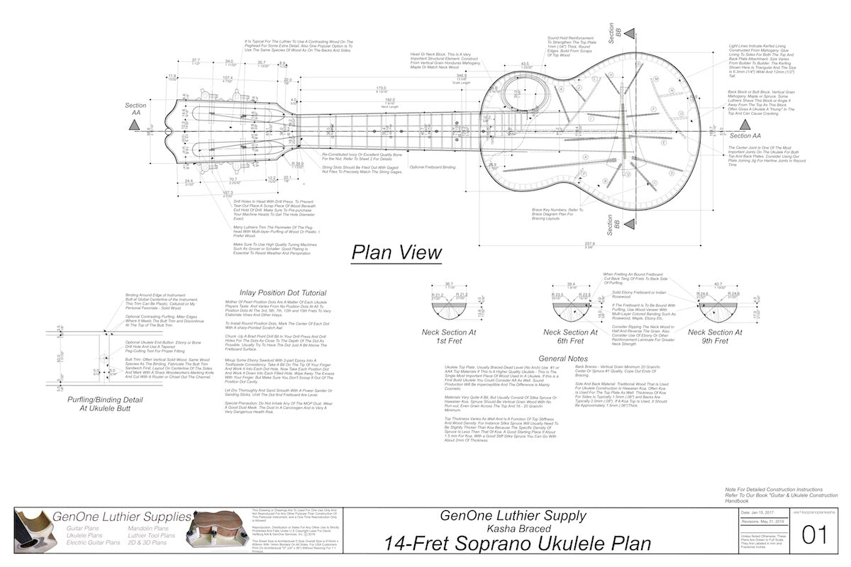 Soprano 14 Kasha Braced Ukulele Plans Ukulele Top View, Neck Sections, Notes