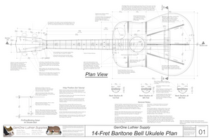Baritone 14 Bell Ukulele Plans Top View, Neck Sections & Purfling Details