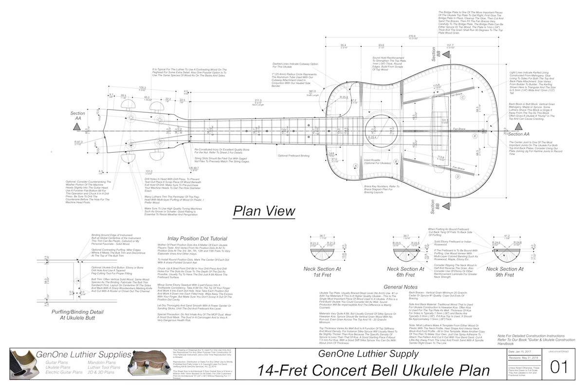 Concert 14 Bell Ukulele Plans Top View, Neck Sections & Purfling Details