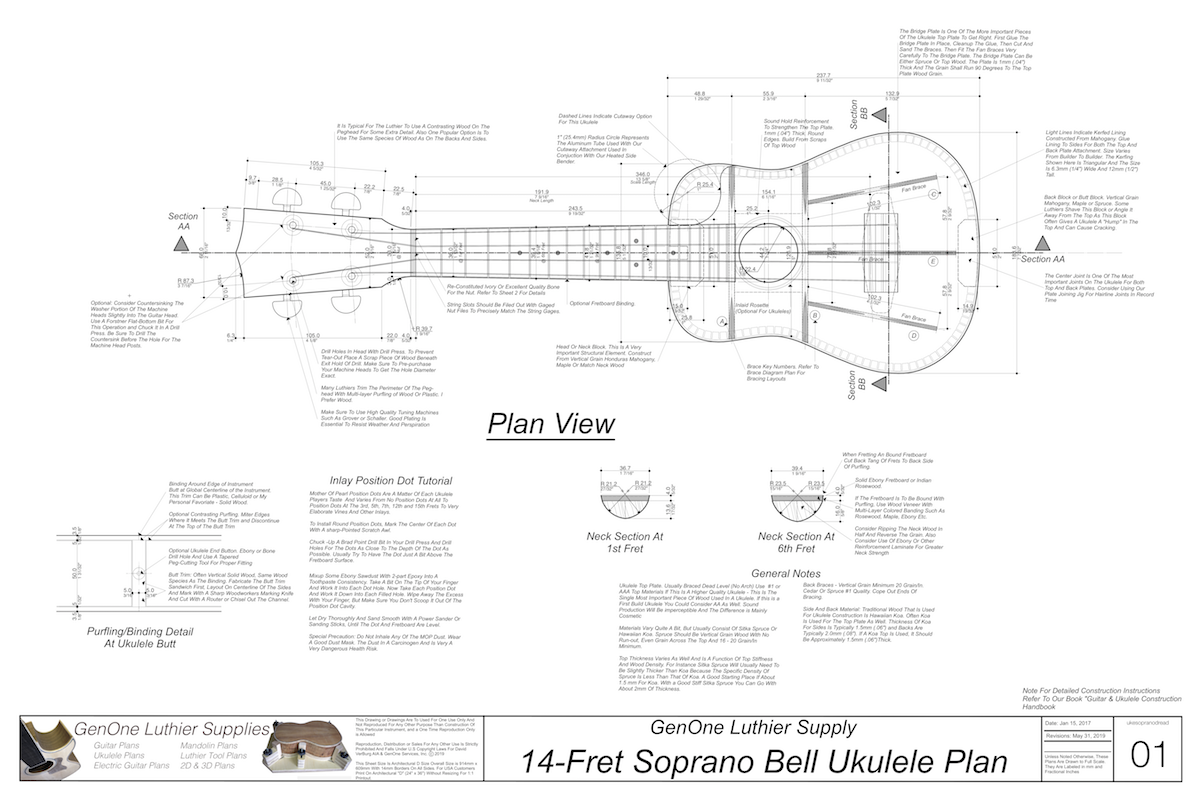 Soprano 14 Bell Ukulele Plans Ukulele Top View, Neck Sections, Notes