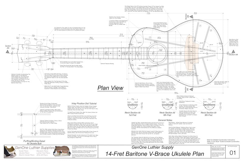Baratone 14 V-Brace Ukulele, Plan View