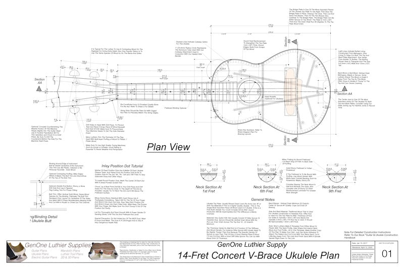 Concert 14 V-Brace Ukulele Plans Plan View