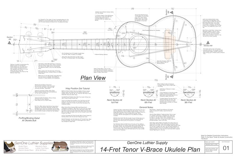 Tenor 14 V-Brace Ukulele, Plan View