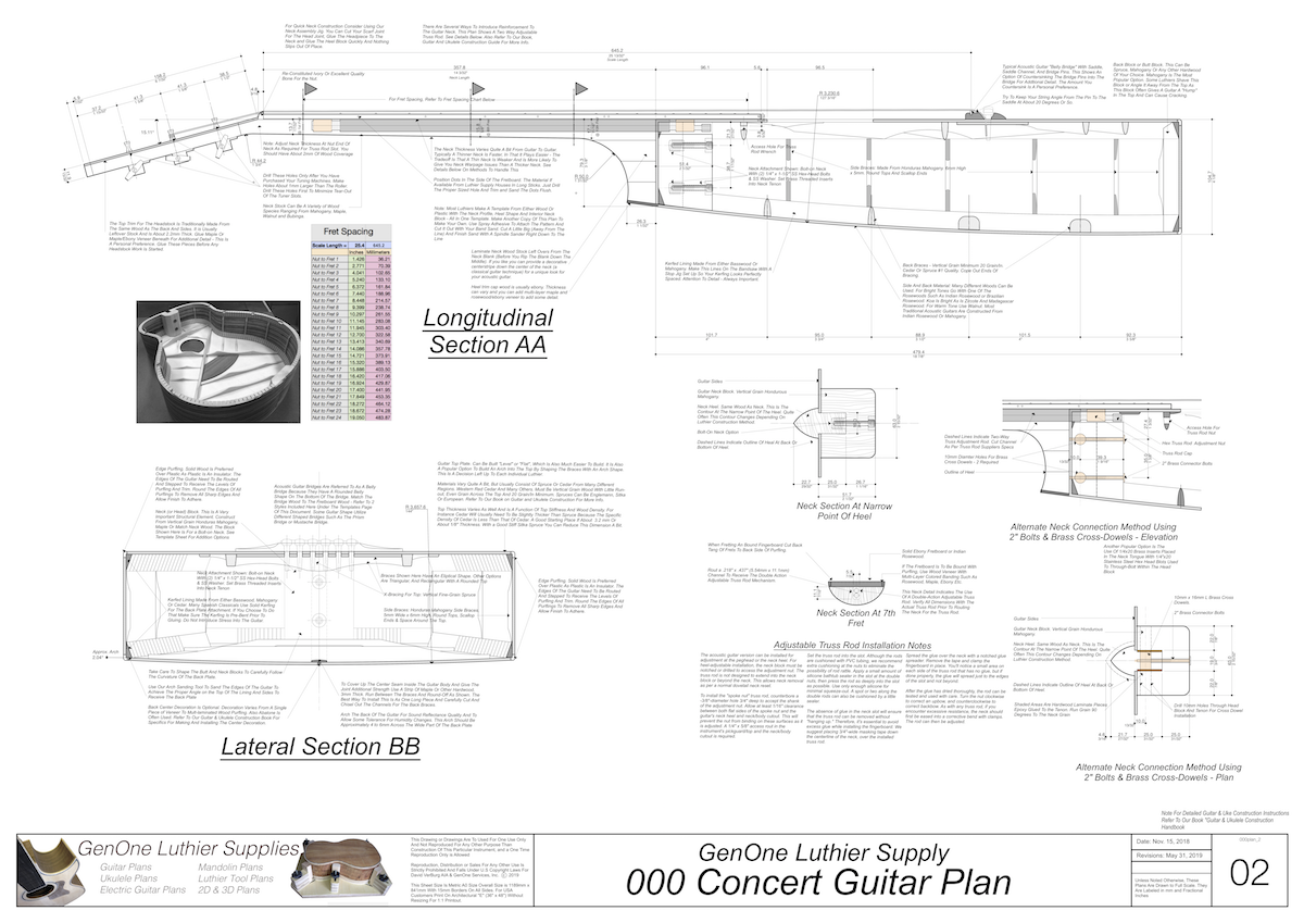 000 Guitar Plans Top View, Neck Sections & Purfling Details