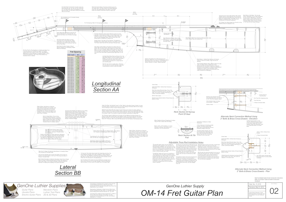 OM-14 Fret Guitar Plans Top View, Neck Sections & Purfling Details