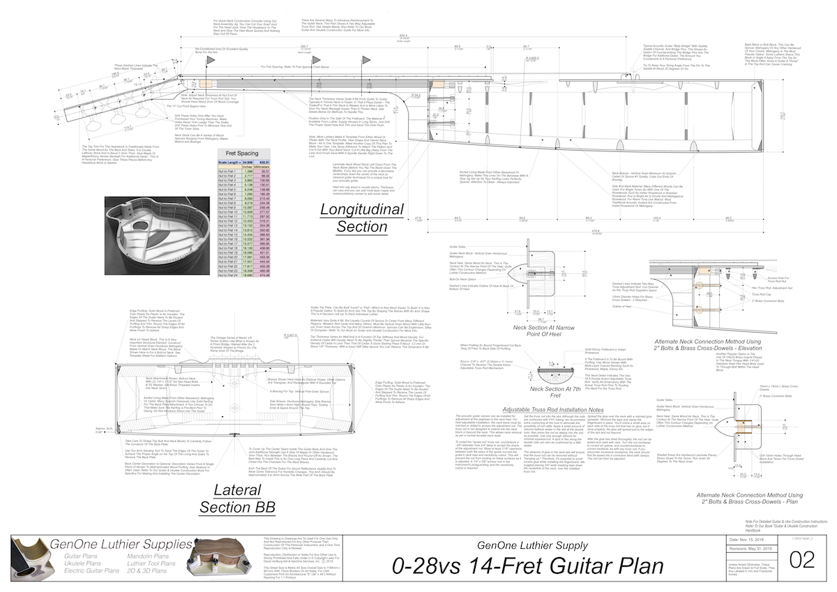 0-28vs 14-Fret Guitar Plans Top View, Neck Sections & Purfling Details