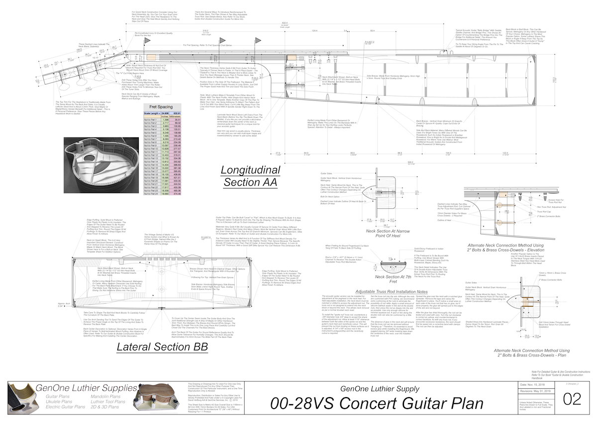 00-28vs Guitar Plans Top View, Neck Sections & Purfling Details
