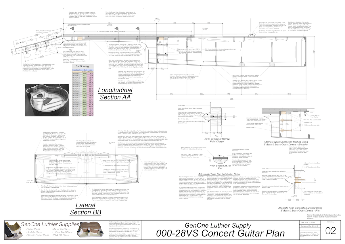 000-28vs Guitar Plans Top View, Neck Sections & Purfling Details