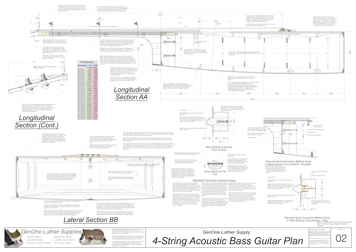 4-String Acoustic Bass Guitar Plans guitar top view, neck sections, details