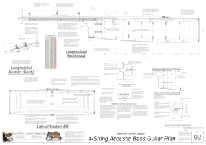 4-String Acoustic Bass Guitar Plans longitudinal and lateral sections, neck details, fret spacing table