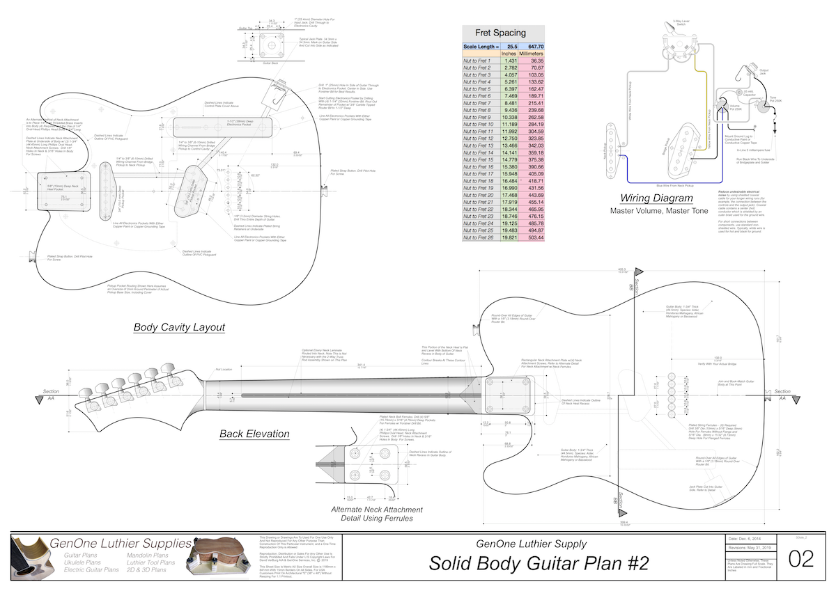 Solid Body Electric Guitar Plan #2 Guitar top view, side view, lateral & longitudinal sections