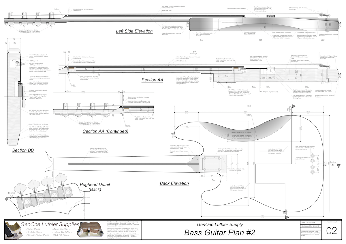 Solid Body Electric Bass Guitar Plan #2 guitar top view, cutting template, neck sections, wiring diagram, fret spacing table