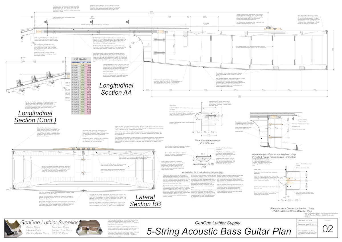 5-String Acoustic Bass Guitar Plans guitar top view, neck sections, details