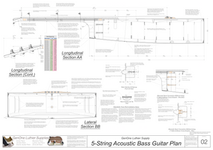 5-String Acoustic Bass Guitar Plans longitudinal and lateral sections, neck details, fret spacing table